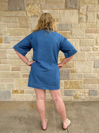 Aria Utility Denim Tunic Dress: Mineral Wash V-Neck Edition Medium Blue / Small Aria Utility Denim Tunic Dress: Mineral Wash V-Neck Edition Medium Blue / Small