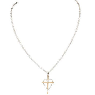 Two Tone Cross Heart Pendant Necklace