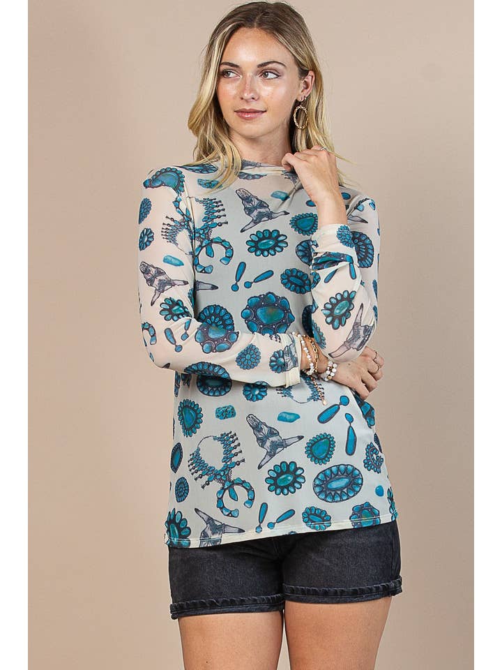 Turquoise Print Mock Neck Mesh Top