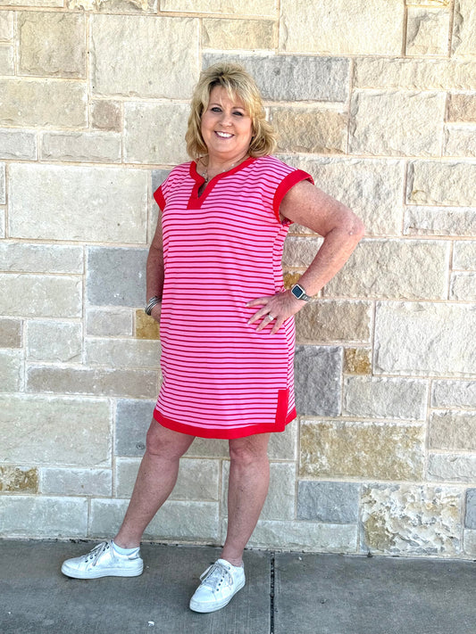 Drop Shoulder Contrast Striped Dress