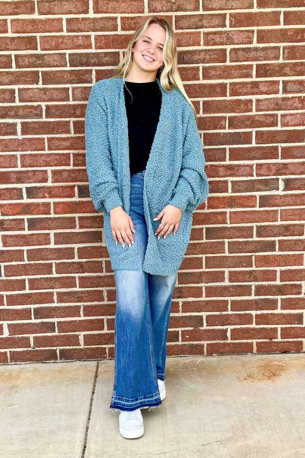 PUFF SLEEVE POPCORN CARDIGAN WITH POCKETS