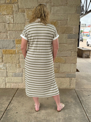 Stripe V Neck Short Sleeve T Shirt Midi Dress with Pockets - Double K Boutique, LLC