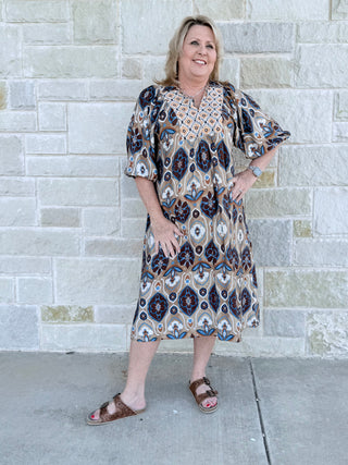 Abstract Print Collared Midi Dress