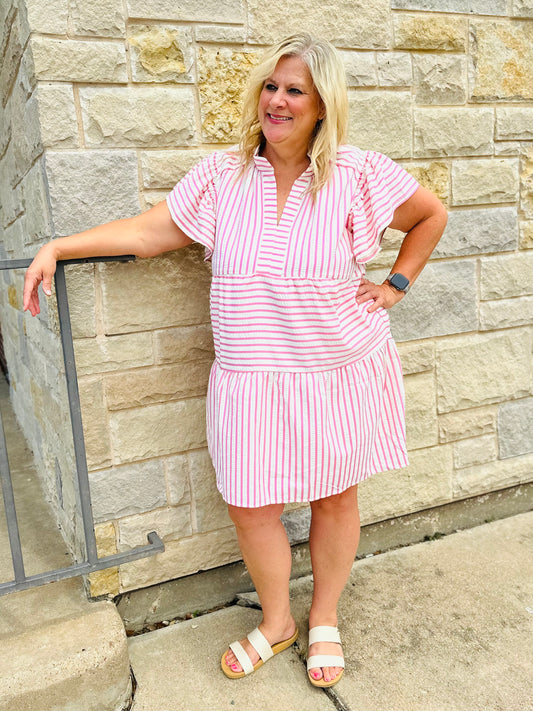 PINTUCK RUFFLE MIDI DRESS