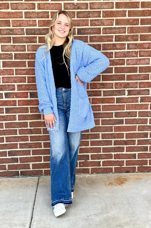 PUFF SLEEVE POPCORN CARDIGAN WITH POCKETS