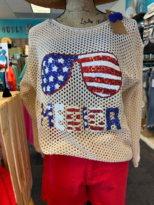 SEQUIN AMERICAN FLAG SUNGLASSES KNIT TOP