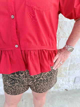The Everly Ruffle Hem Short Sleeve Button - Down Blouse - Double K Boutique, LLC