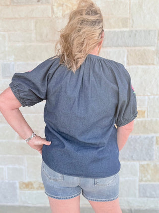 Boho Chic Floral Embroidered Denim Puff Sleeve Top - Double K Boutique, LLC