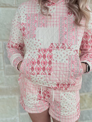 Addie Mae Pink Quilt-Pattern Hoodie & Shorts Loungewear Set
