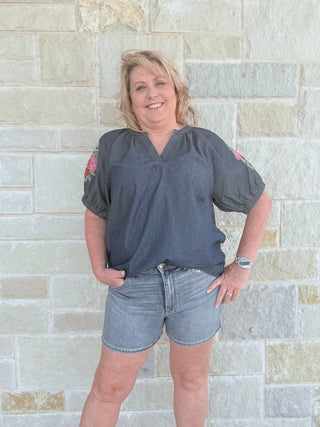 Boho Chic Floral Embroidered Denim Puff Sleeve Top - Double K Boutique, LLC