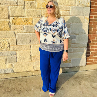 Border Print Bubble Sleeve Blouse