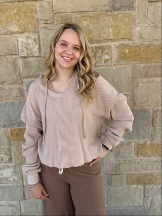 Mineral Washed Cropped Waffle Knit Hoodie - Double K Boutique, LLC