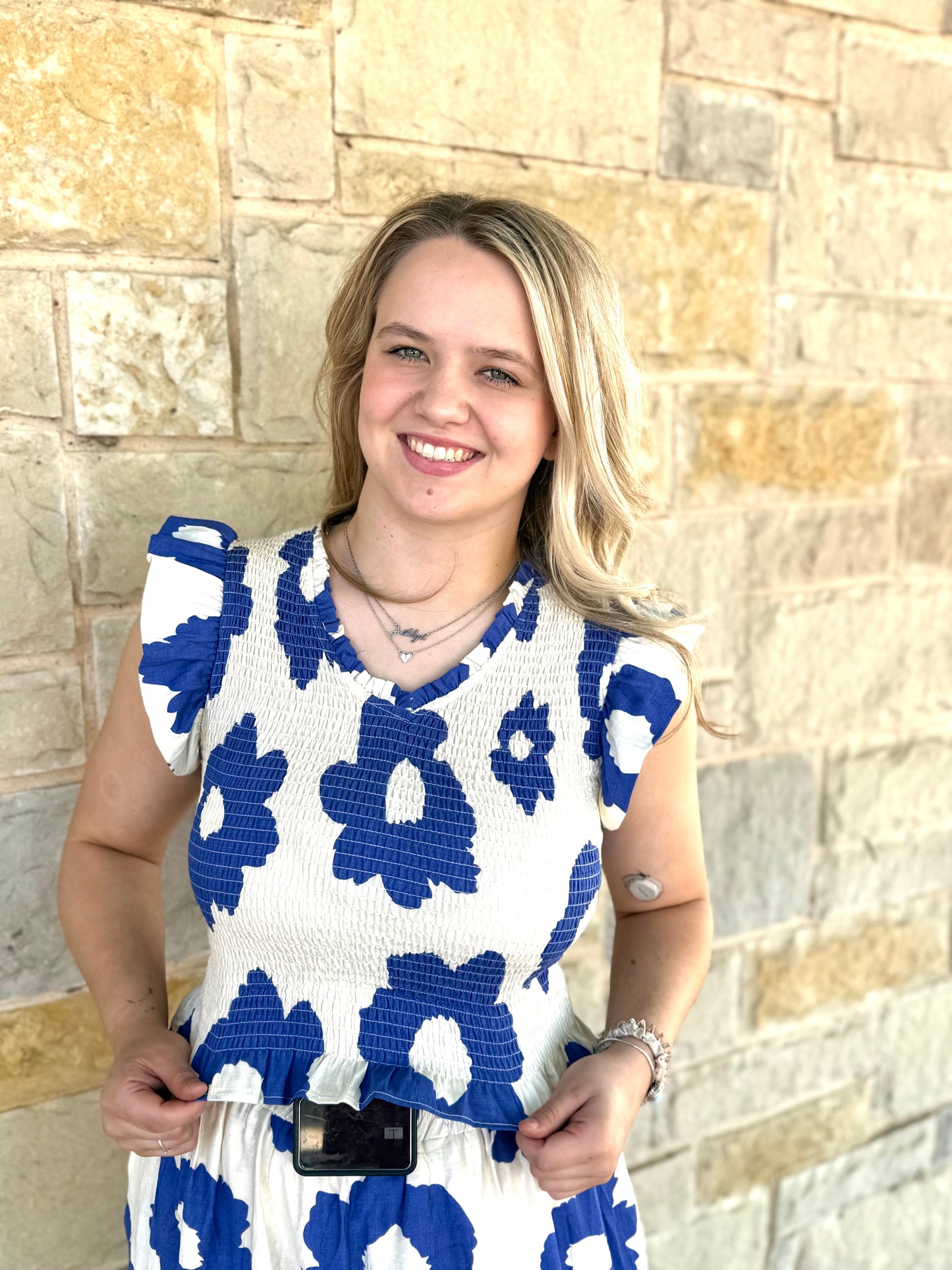 Smocked Woven Print Top with Matching Skirt