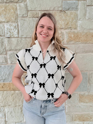 Fashion - W Preppy Vibes Bow Print Zipped Collar Sweater Tee - Double K Boutique, LLC