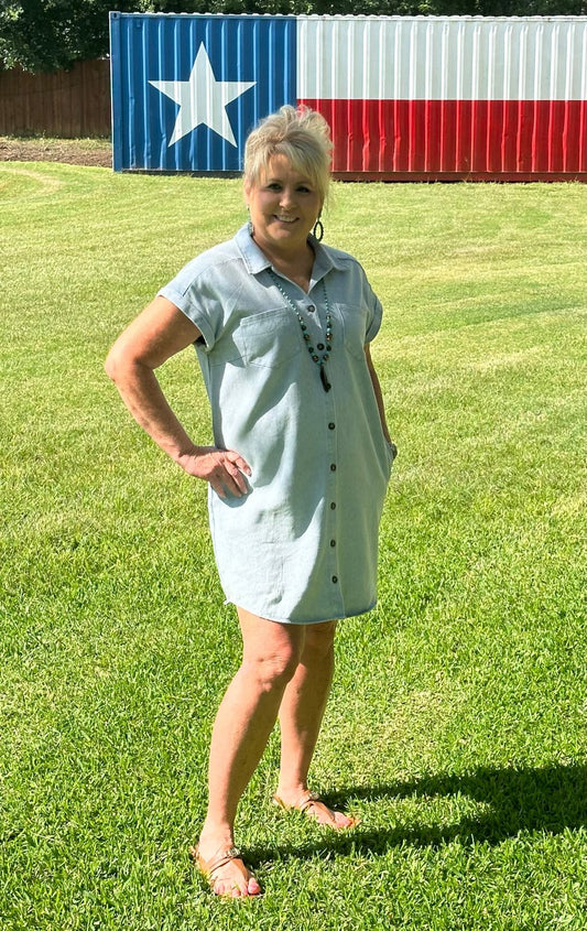 blue button down washed twill shirt dress with side pockets.