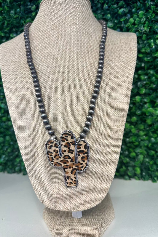 Wanted & Wild Leopard Cactus Pendant on Navajo Pearls Necklace