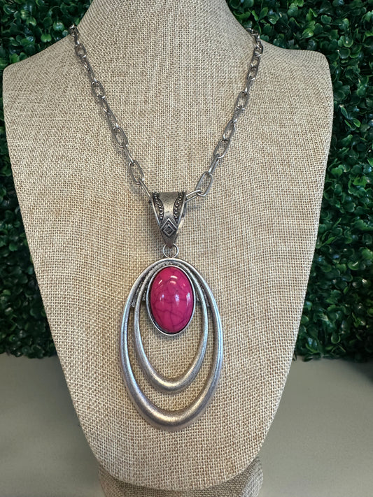 Silver Oval Pendant with Pink Marble Stone