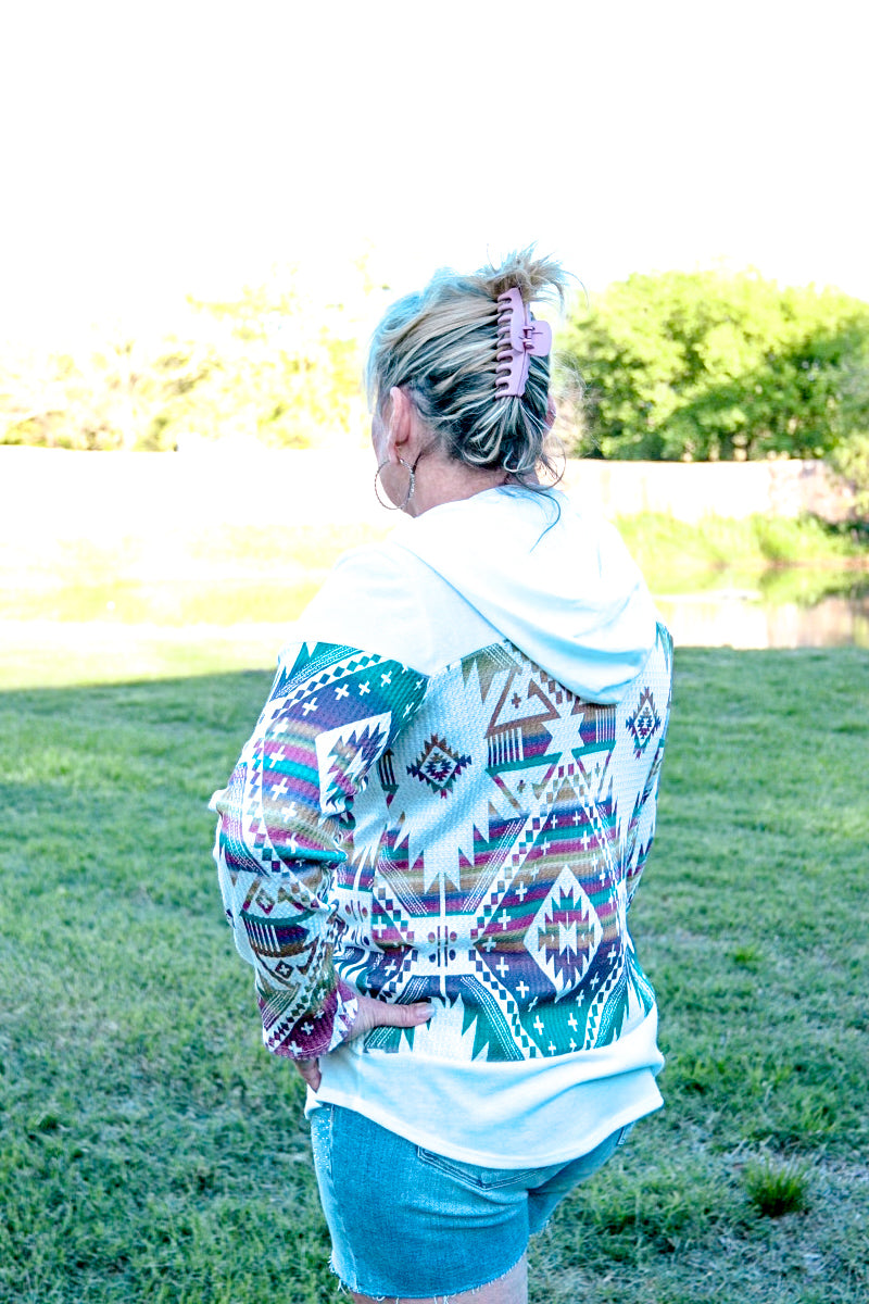 Color Block Aztec Print Waffle Hoodie