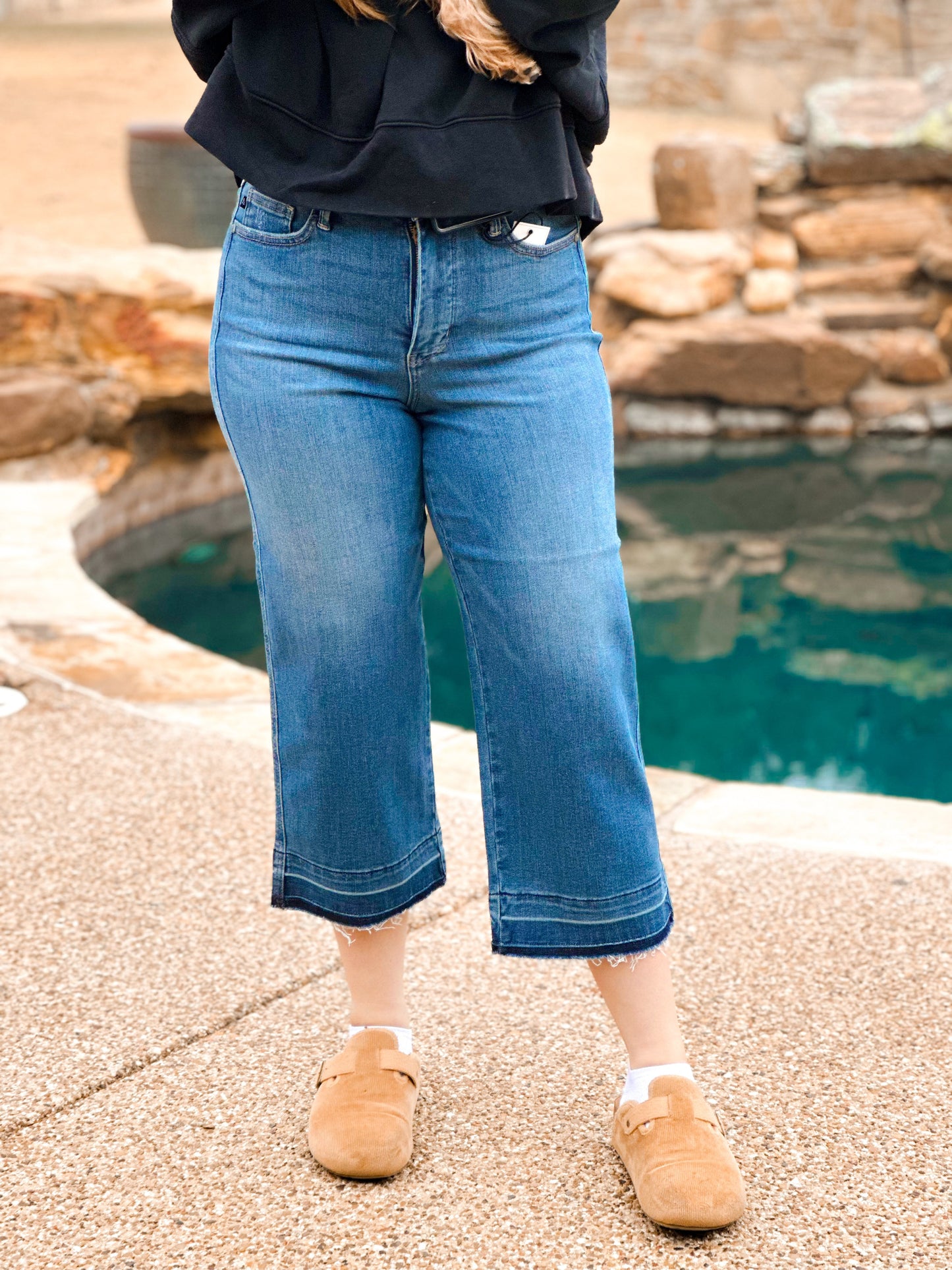 Judy Blue HW Tummy Control Release Hem Crop Wide Leg