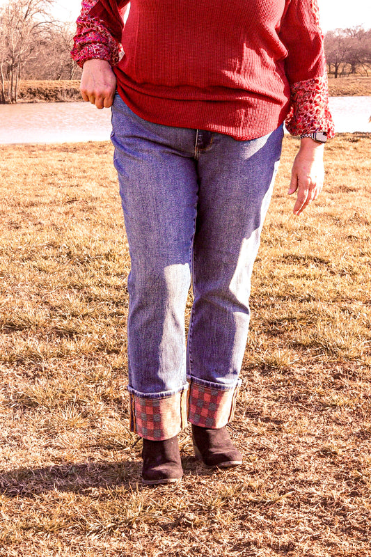 Judy Blue High Waisted Plaid Print Cuff Straight Jeans