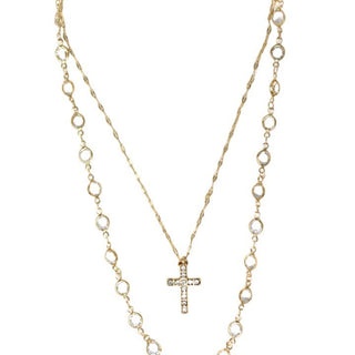 Layered Gold Crystal Beaded Cross Pendant Necklace - Double K Boutique, LLC