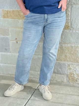 Medium Washed Cropped Straight Leg Denim Jeans