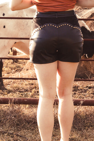 Faux Leather Stretch Suede Contrast Studded Mini Shorts