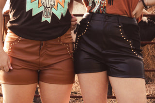 Faux Leather Stretch Suede Contrast Studded Mini Shorts