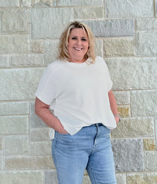 Raised rib cuff sleeve raw edge top