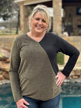 V Neck Shimmer Color Block Top