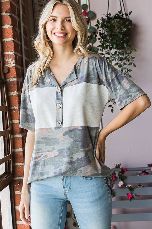 CAMO TOP: OLIVE MULTI/OATMEAL