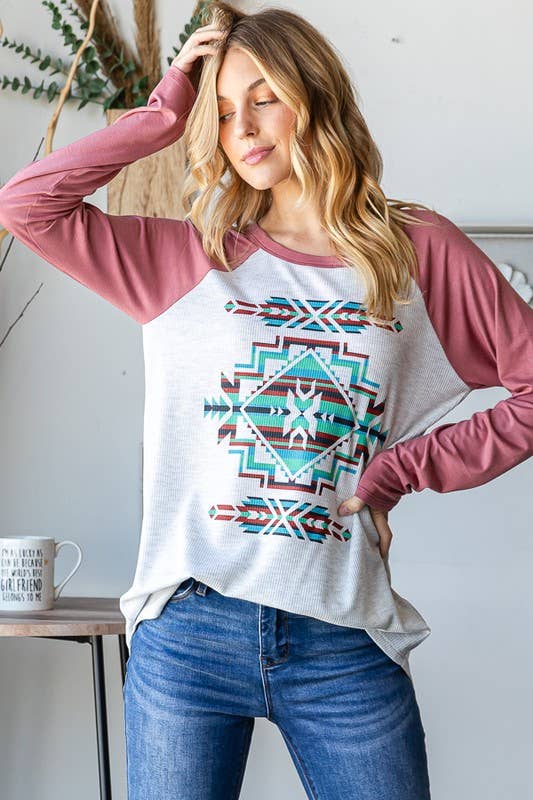 RAGLAN LONG SLEEVE CONTRAST AZTEC TOP