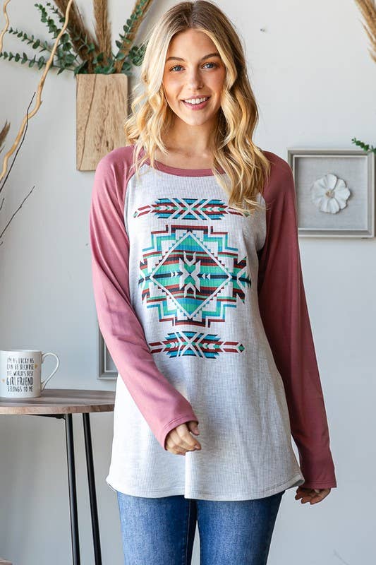 RAGLAN LONG SLEEVE CONTRAST AZTEC TOP