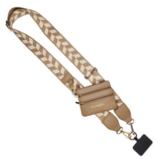 Beige and white patterned lanyard with a small pouch on a white background