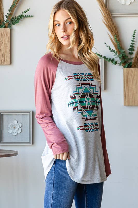 RAGLAN LONG SLEEVE CONTRAST AZTEC TOP