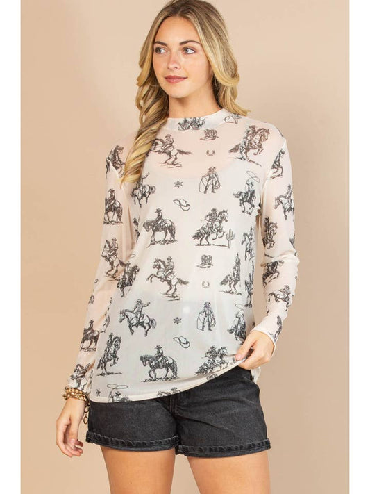 Cowboy Print Mock Neck Mesh Top