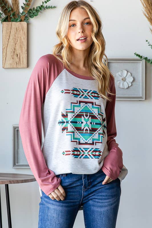 RAGLAN LONG SLEEVE CONTRAST AZTEC TOP