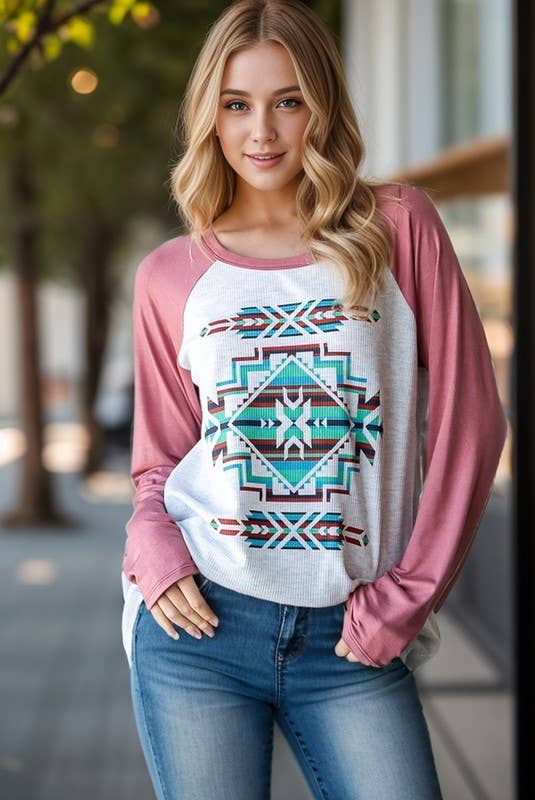 RAGLAN LONG SLEEVE CONTRAST AZTEC TOP