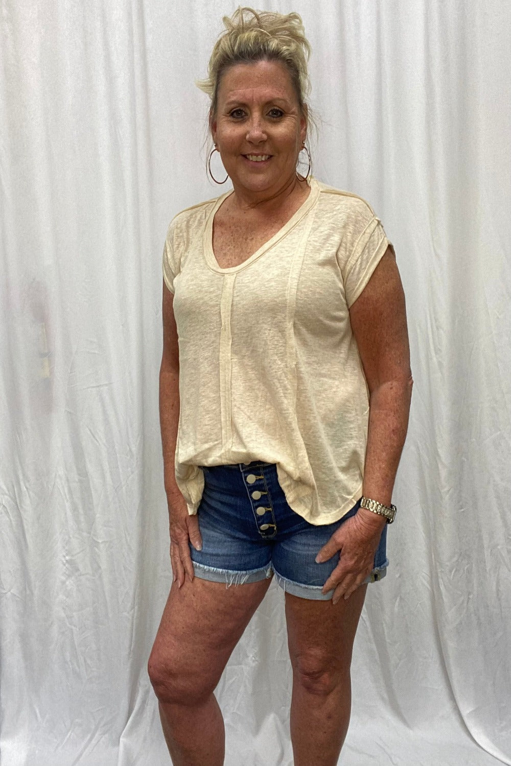 Sheer V-Neck Cap Short Sleeve Top with Gored Knit Detail