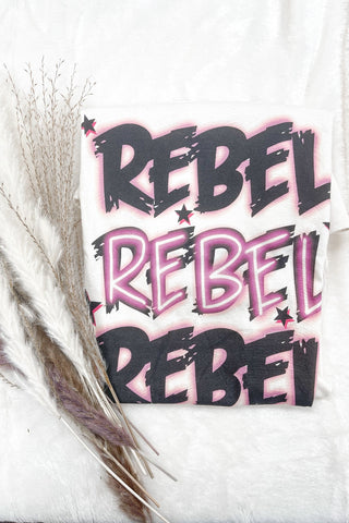 Textile with 'REBEL REBEL REBEL' print on a white background
