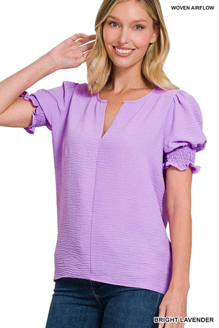 SI-24793 WOVEN AIRFLOW V-NECK SMOCKED PUFF SLEEVE TOP