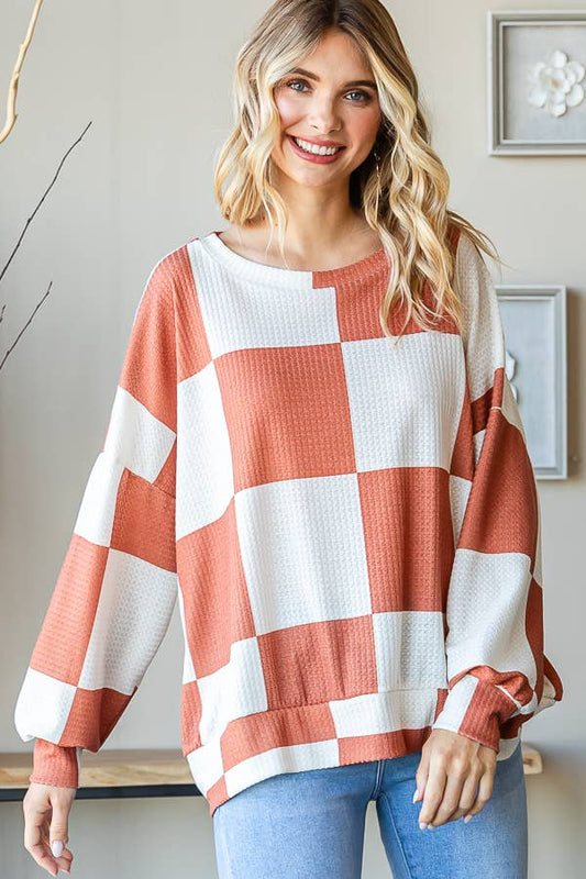 Fall Winter Trendy Checkered Oversized Sweatshirt- Rust